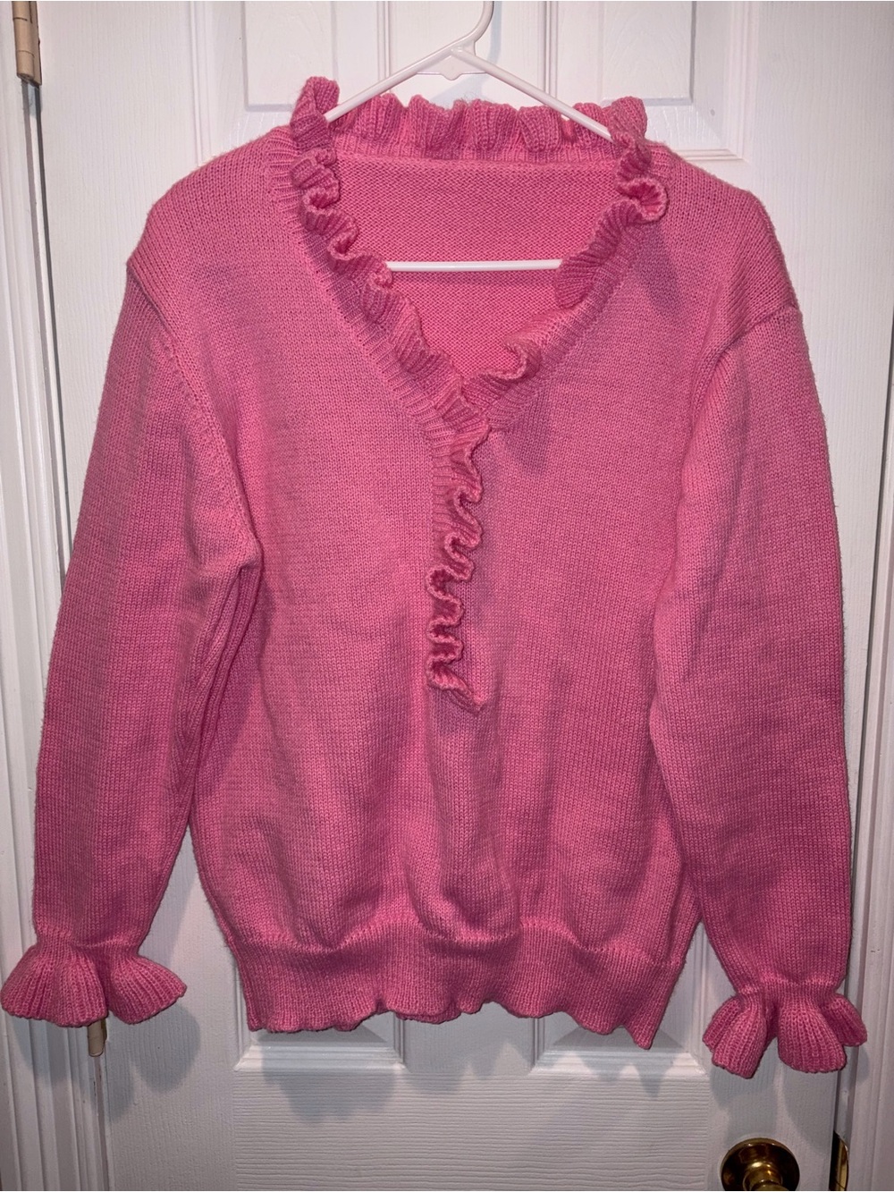 Pink Ruffle V-Neck Women's Sweater